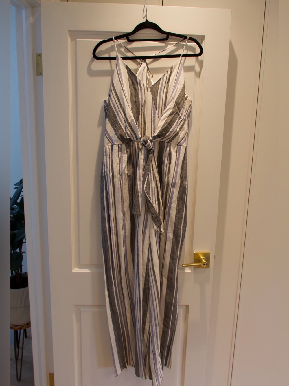 Striped V-Neck Tie-Waist Jumpsuit - Gray & White